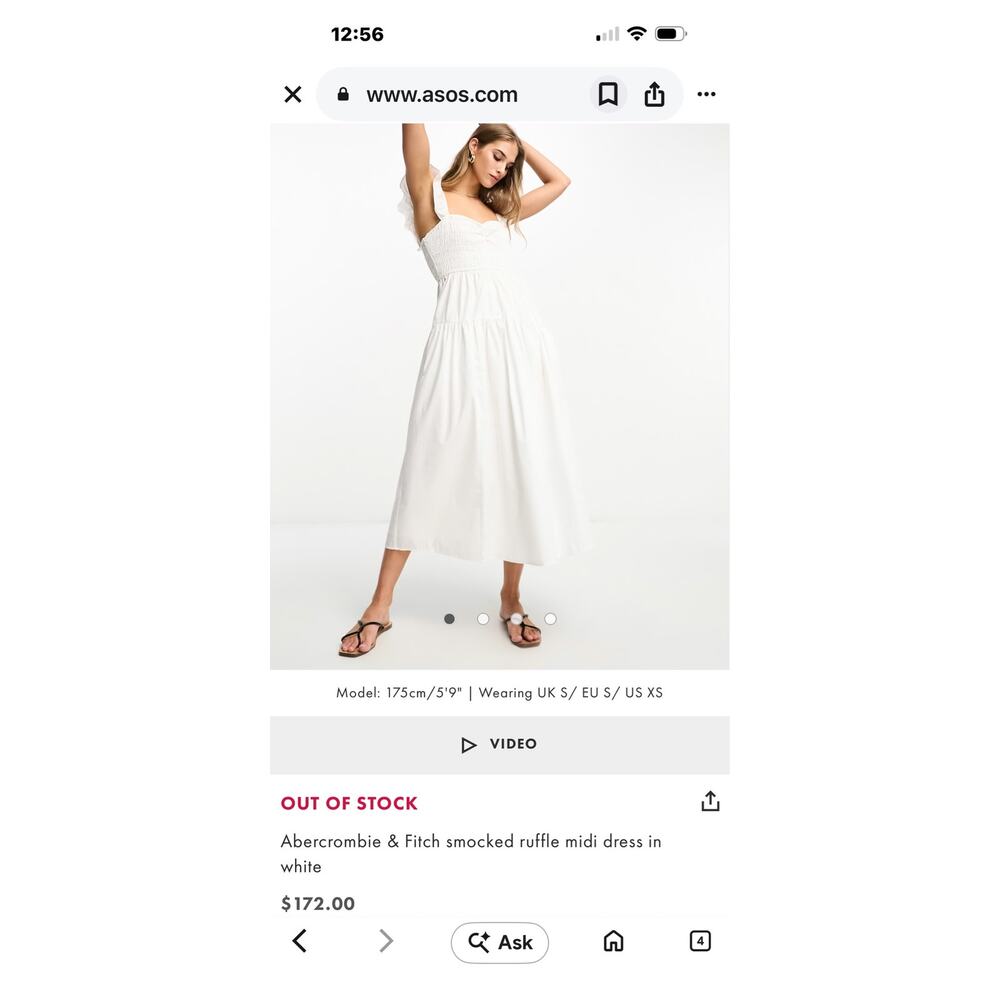 Abercrombie & Fitch White Smocked Ruffle Midi Dress Square Neck Sleeveless
